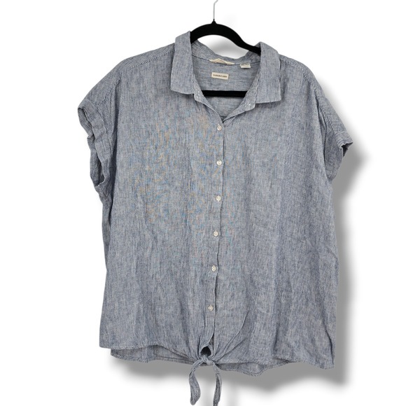 Weatherproof Vintage Tops - Weatherproof Vintage Womens Blue White Striped Washable Linen Tie Front Shirt